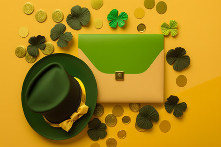 St. Patrick's Day background with hat, clover leaves and gold coinsの写真素材