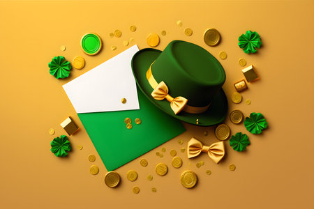 Saint Patrick's Day background with Leprechaun hat, envelope and gold coins. Vector illustration.の写真素材