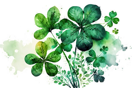 Watercolor illustration of clover leaves with watercolor splashes.の写真素材