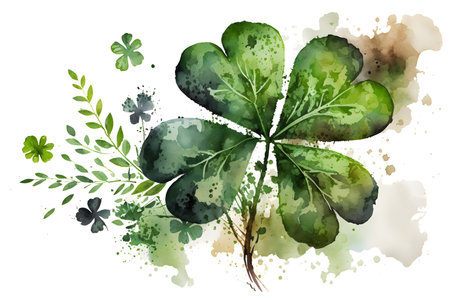 Watercolor four leaf clover on white background. Vector illustration.の写真素材