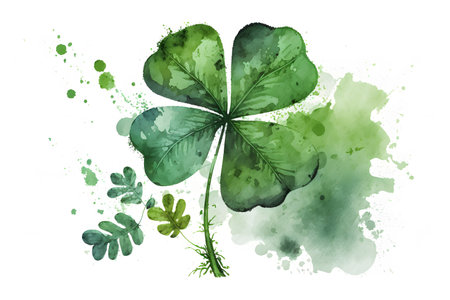 Watercolor St. Patrick's Day background with clover leaves and green watercolor splashesの写真素材