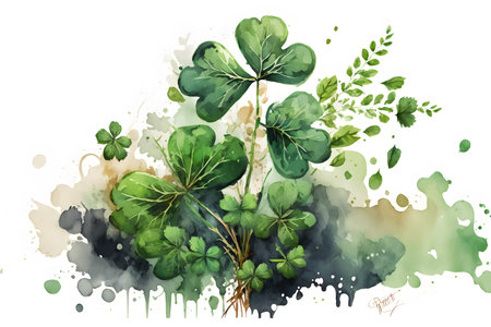 Watercolor illustration of four-leaved clover. St. Patrick's Day.の写真素材