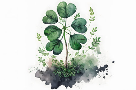 Watercolor illustration of green clover with leaves on white background.の写真素材