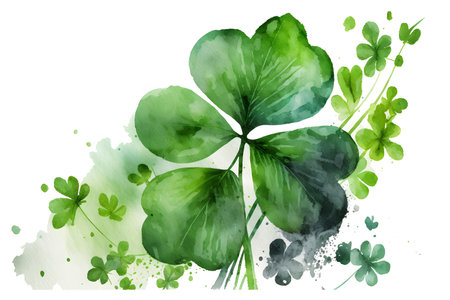 Watercolor St. Patrick's Day background with green clover leavesの写真素材