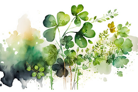 Watercolor background with clover leaves. Hand drawn vector illustration.の写真素材