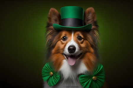 Portrait of a shetland sheepdog wearing a green top hatの写真素材
