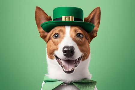 happy dog in leprechaun hat and green tie on green backgroundの写真素材