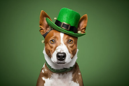 Cute Basenji dog in leprechaun hat on green backgroundの写真素材