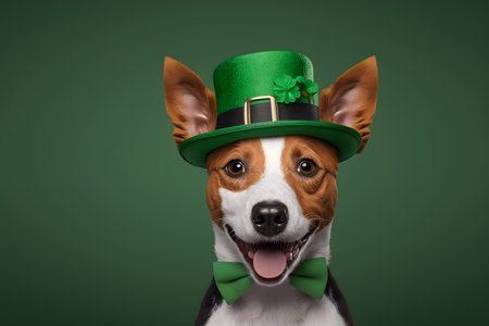 Funny dog in a green hat and a green bow tie on a green backgroundの写真素材