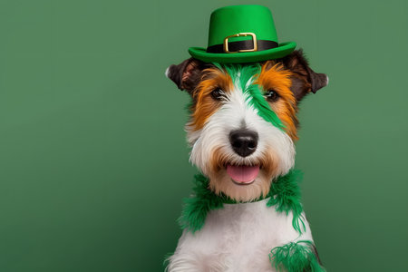 Funny Jack Russell Terrier in leprechaun hat on green backgroundの写真素材