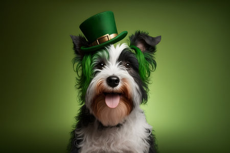 Funny dog in leprechaun hat on green background.の写真素材