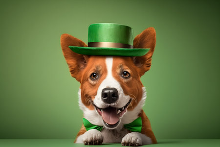 Cute corgi dog wearing a green top hat and green bow tie on green backgroundの写真素材
