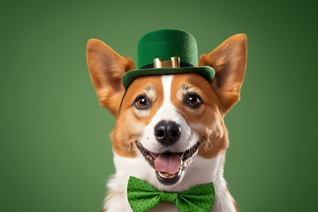 Cute corgi dog in leprechaun hat and bow tie on green backgroundの写真素材