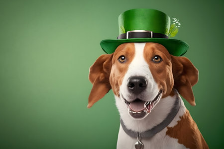Irish hound dog wearing leprechaun hat on green backgroundの写真素材