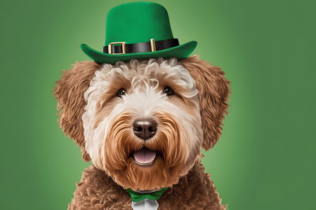 Leprechaun dog in green hat and bow tie on green backgroundの写真素材