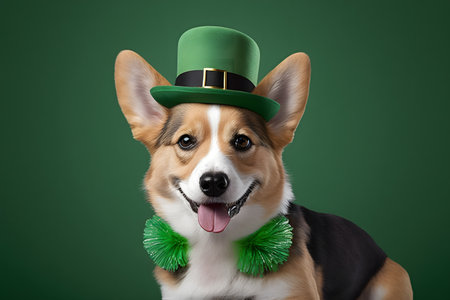 Cute Welsh corgi dog in leprechaun hat on green backgroundの写真素材