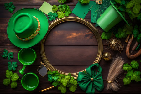 St. Patrick's Day composition with leprechaun hat, shamrock leaves, golden horseshoe, gold coins, horseshoe, green ribbon and gold coins on wooden backgroundの写真素材