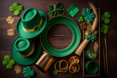 Saint Patrick's Day holiday background with leprechaun hat, shamrock leaves, gold coins and golden coins on rustic wooden table. Top view with copy space.の写真素材