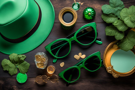 St. Patrick's Day holiday concept. Green hat, sunglasses, gold coins, shamrock leaves and glasses on wooden backgroundの写真素材