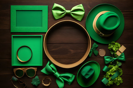 Top view of green hat, glasses, bow tie, green bow tie and gold rings on wooden background. St. Patrick's Day concept.の写真素材