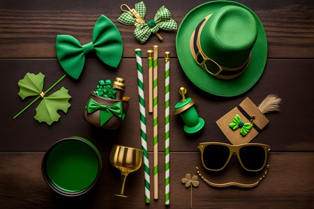 St. Patrick's Day celebration background. Leprechaun hat, clover leaves, beer glasses, green bow tie, golden horseshoe, shamrock, straws. Top view.の写真素材