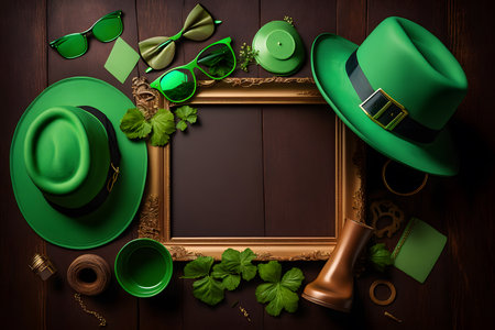 St. Patrick's Day background with Leprechaun hat, leprechaun glasses, clover leaf, horseshoe and golden frame on wooden table.の写真素材
