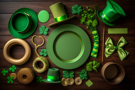 St. Patrick's Day background with green leprechaun hat, clover leaves, gold coins, horseshoe and gold coins. Vector illustration.の写真素材