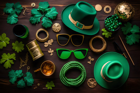 St. Patrick's Day background. Green leprechaun hat, glasses, shamrock leaves, gold coins, horseshoe on wooden background.の写真素材