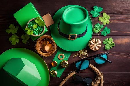 St. Patrick's Day holiday background. Green hat, leprechaun glasses, gold coins, horseshoe on wooden background.の写真素材