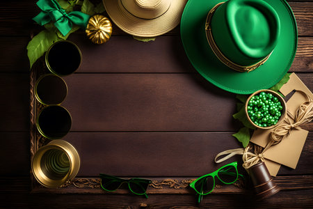 St. Patrick's Day background with hat, glasses, gift box and shamrock. Top view with copy spaceの写真素材