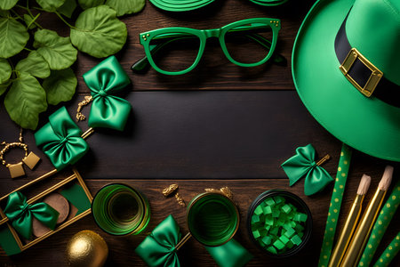 St. Patrick's Day background with leprechaun hat, green bow tie, glasses, green bow tie, golden...