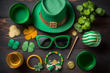 St. Patrick's Day background with leprechaun hat, glasses, leprechaun hat, clover leaves and gold coins.の写真素材