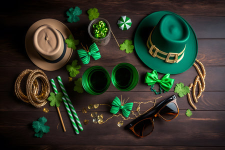 St. Patrick's Day composition with leprechaun hat, clover leaves, gold coins, sunglasses and horseshoe on wooden backgroundの写真素材