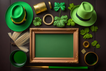 St. Patrick's Day background with green shamrock leaves, leprechaun hat, golden frame, gold coins, horseshoe and gold coins.の写真素材