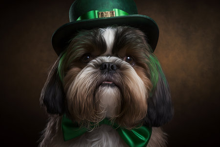 Cute Shih Tzu wearing green leprechaun hat and bow tieの写真素材