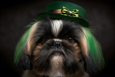 Cute pekingese dog with green hair and green top hatの写真素材