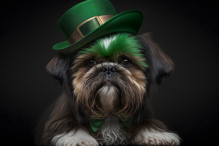 Leprechaun dog in green leprechaun hat and bow tie on black backgroundの写真素材