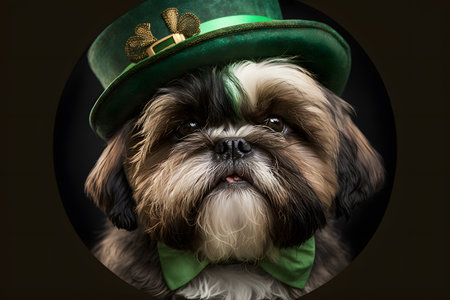 Leprechaun dog with green hat and bow tie.の写真素材