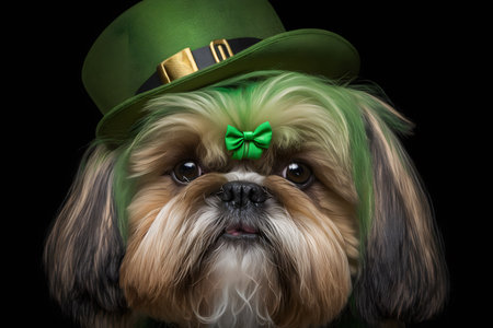Shih tzu wearing leprechaun hat on black backgroundの写真素材