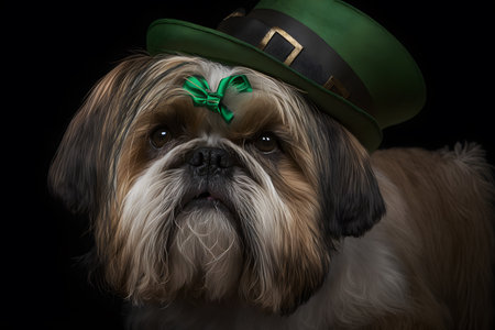 Shih Tzu wearing leprechaun hat on black backgroundの写真素材