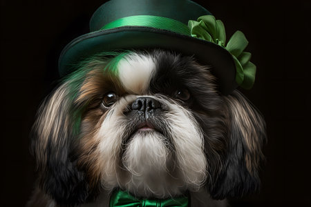 Close-up portrait of a cute shih tzu wearing leprechaun hat and bow tieの写真素材