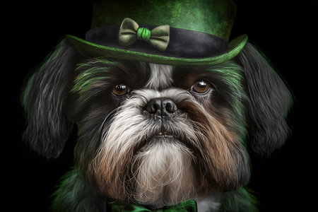 Cute black and white shih tzu in green leprechaun hat on black backgroundの写真素材