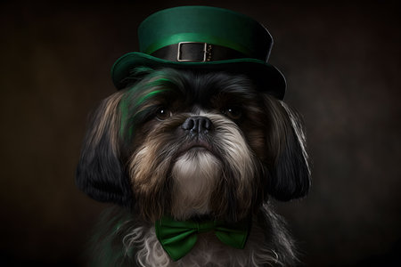 Cute shih tzu with green hat and bow tie on dark backgroundの写真素材