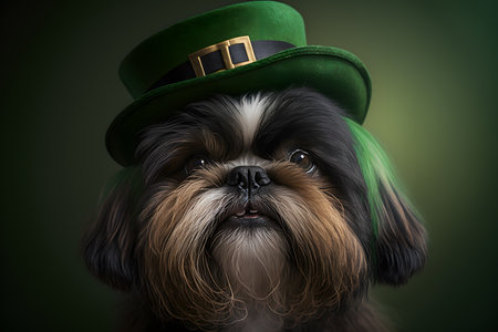 Leprechaun dog with green top hat on green backgroundの写真素材