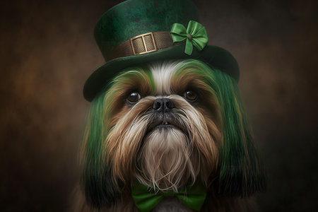 Shih tzu wearing a green top hat and bow tie.の写真素材