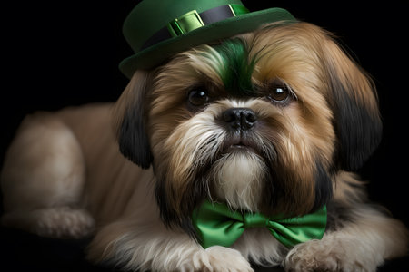 Cute Shih Tzu dog wearing a green bow tie and a hat on black backgroundの写真素材