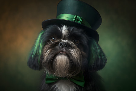 Cute shih tzu wearing a green top hat and bow tieの写真素材