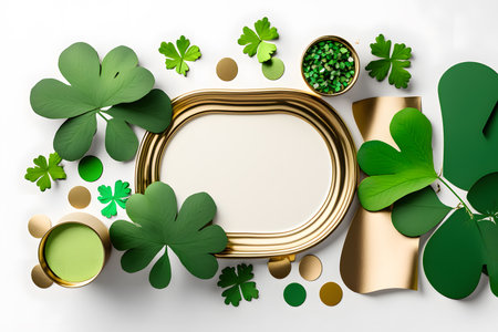 St. Patrick's Day background with golden frame, gold coins and clover leaves. 3D Renderingの写真素材