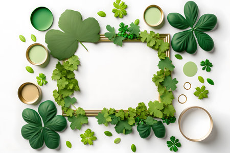 Saint Patrick's Day background with shamrock leaves, golden frame and copy space. 3d illustrationの写真素材