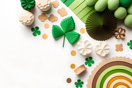Saint Patrick's Day background with shamrocks, confetti and cakesの写真素材